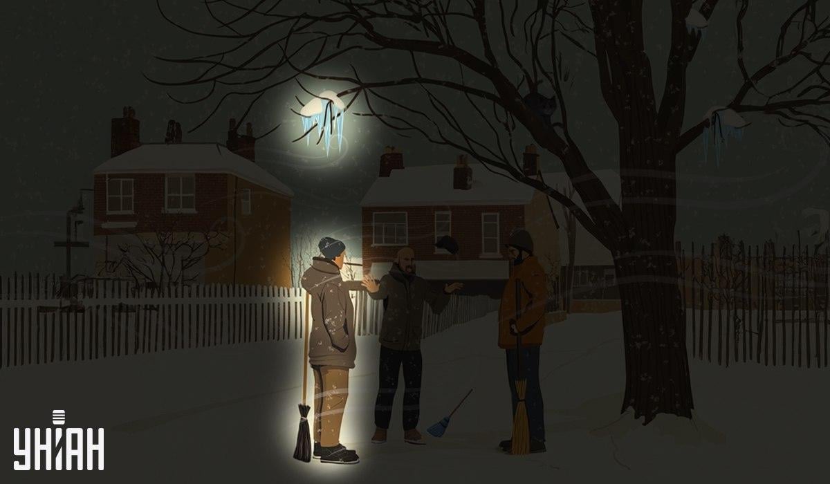 Salah satu petugas kebersihan berdiri di bawah es yang menggantung di pohon / kolase Moje